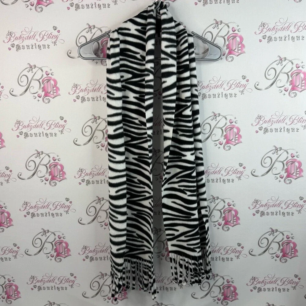 Scarf Zebra fleece soft tassles Y2K Print Black and White Scarf